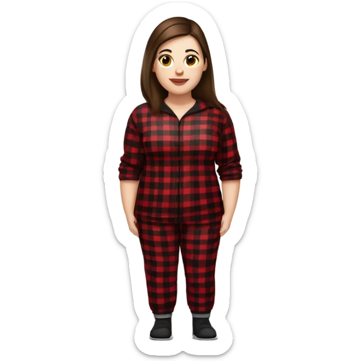 Plus size woman with straight brown hair and brown eyes wearing red and black buffalo plaid pjs. White skin. sticker