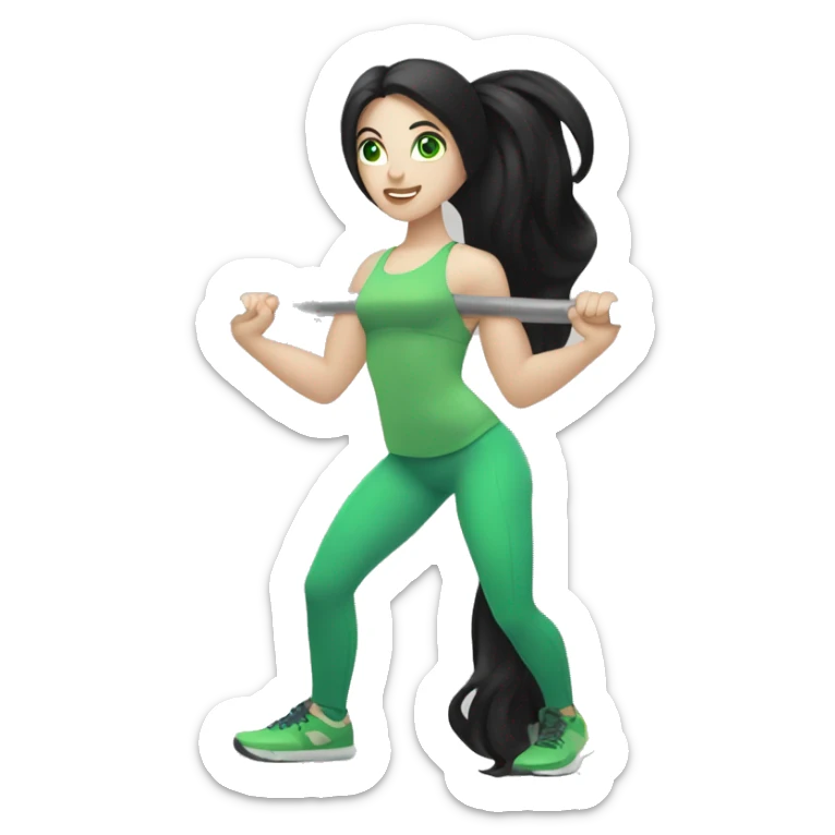 Pale girl with long black hair and green eyes lifting weights sticker
