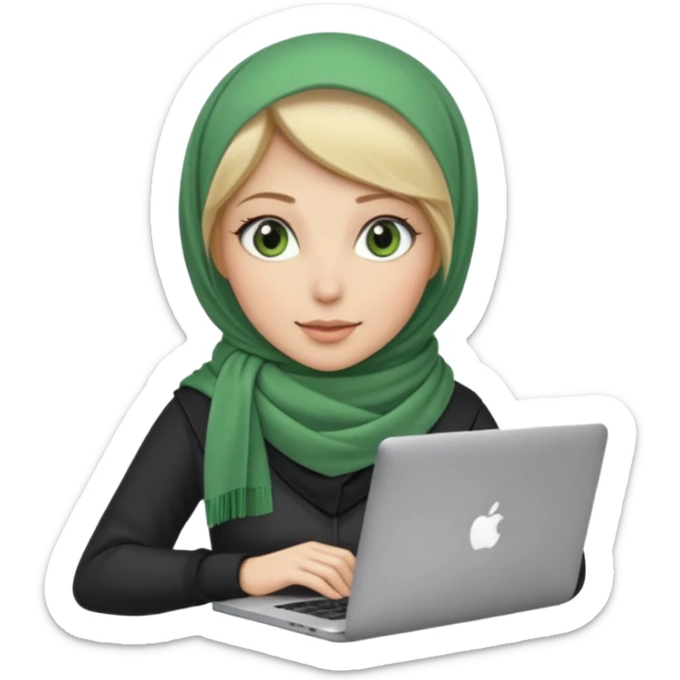blond women skine , with green eyes , with scarf hijab ,dont show hir hair, with macbook sticker