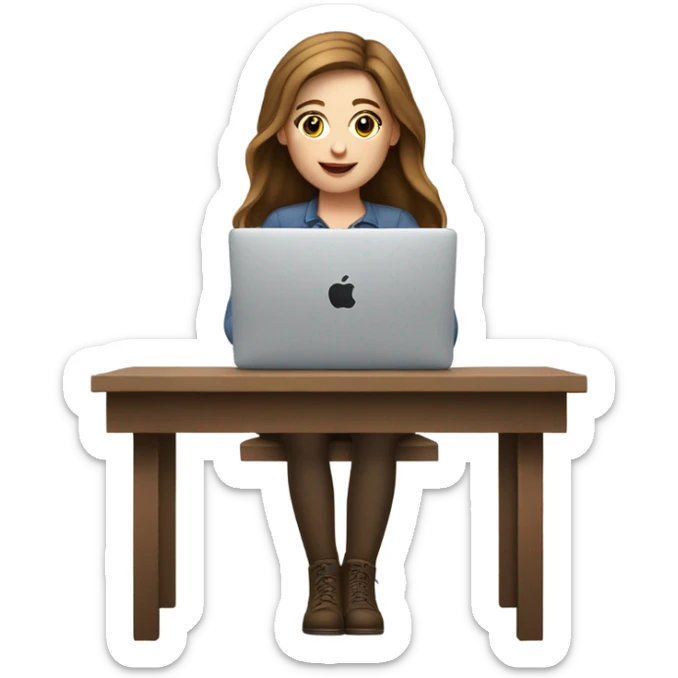 white girl brown hair macbokk in front of her sticker