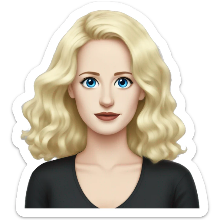 Eva Green with blonde hair, blue eyes, freckles, black shirt sticker