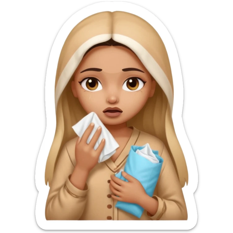 a pretty bratz fair indian girl wearing a brown pajamas, dark circles, crying, holding tissues sticker