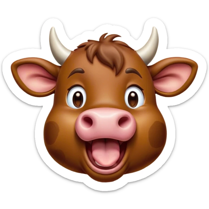Cinematic Cute Yawning Brown Cow Portrait Emoji, Head tilted slightly with a dramatic, wide-open yawn, showcasing a smooth, rich brown hide with a subtle shine, floppy ears slightly drooping, round brown eyes barely open in drowsy contentment, Simplified yet irresistibly adorable features, highly detailed, glowing with a soft, cozy glow, high shine, relaxed yet expressive, stylized with a touch of pastoral whimsy, bright and endearing, soft glowing outline, capturing the essence of a sleepy yet affectionate cow, so drowsy it feels like it could amble right out of the screen and curl up for a nap! sticker