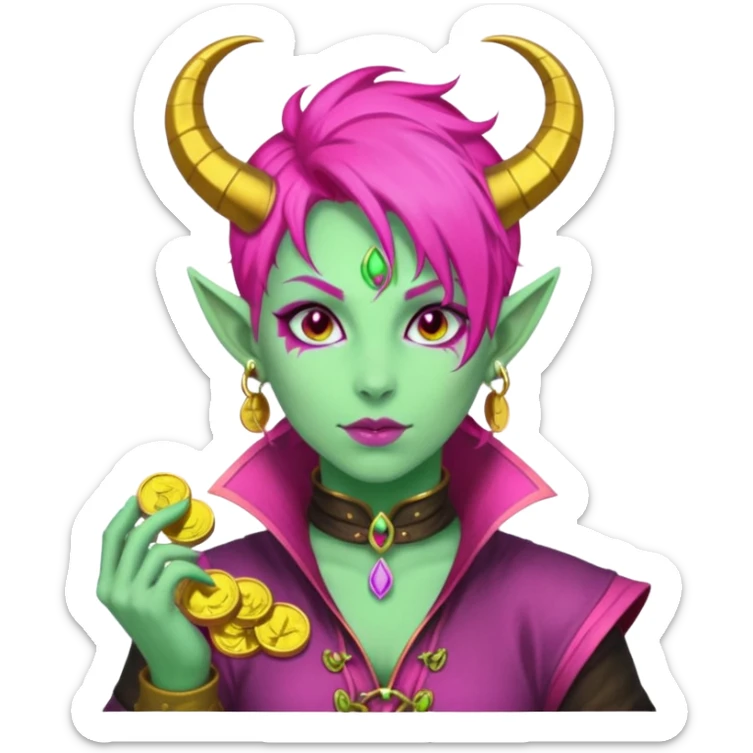 A D&D tiefling with pale green skin and hot pink hair. She is a rouge and is obsessed with gold sticker