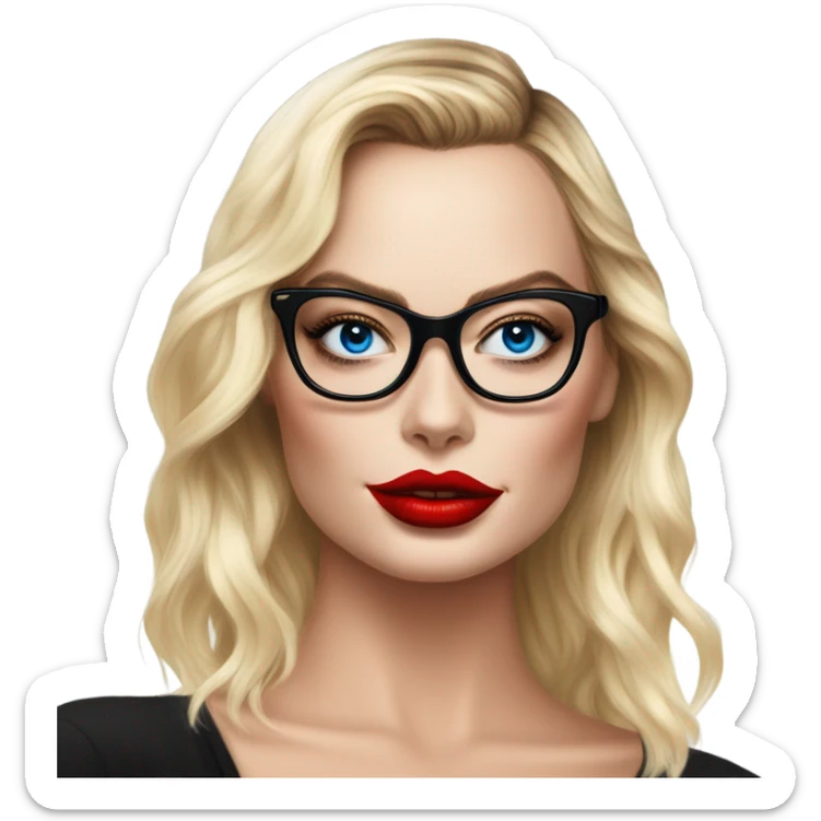  Margot Robbie, bright blue eyes and winged eye liner, red kisses, wearing black glasses  sticker