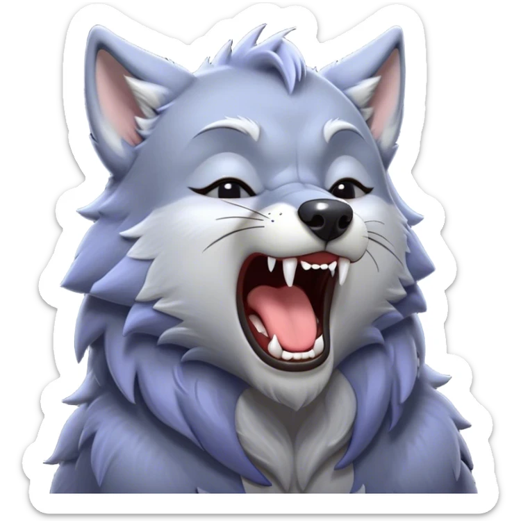 Cinematic Cute Yawning Werewolf Portrait Emoji, with a cuddly, miniature lupine form in soft moonlit grays and silvers, head leaning back in a big, adorable yawn that reveals a few fuzzy teeth, simplified yet irresistibly charming, highly detailed with a soft glowing outline that captures the drowsy, playful essence of a werewolf mid-nap! sticker