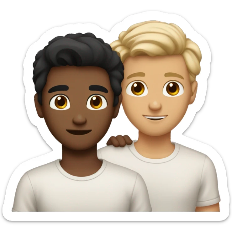 2 gay boys one with long black tan skin one with brown hair and. Light skin both brown eyes but the black hair make it dark eyes little and both wearing matching shirt hugging sticker