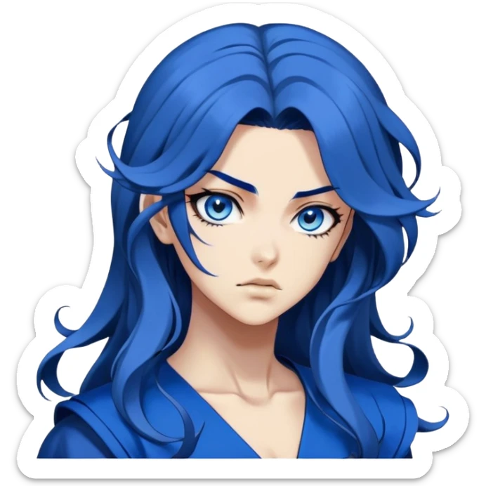 head portrait of anime girl with long dark blue hair, blue rose in hair, fierce blue eyes, extremely intense JoJo's Bizarre Adventure style expression, dramatic angle, bold outlines, strong shading sticker