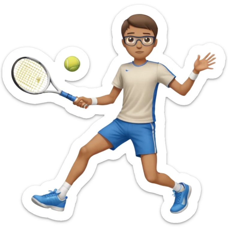 homme l'air cool taille moyenne corpulence maigre cheveux chatain court yeux bleus lunettes photo de pieds en pantalon qui fait du tennis sticker