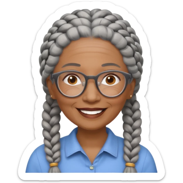 Older woman of color with gray braids, glasses and smiling sticker