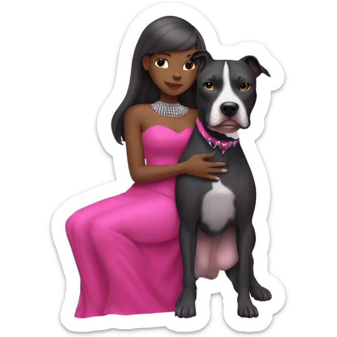 Black lady with black hair wearing hot pink dress hugging large all grey pitbull with spiked pink collar sticker