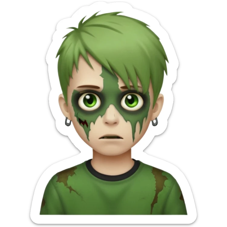 boy zombie with light brown emo hair and green skin and earpods emoji sticker