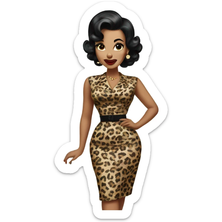 pin up brown woman with black hair in a 50s leopard dress sticker