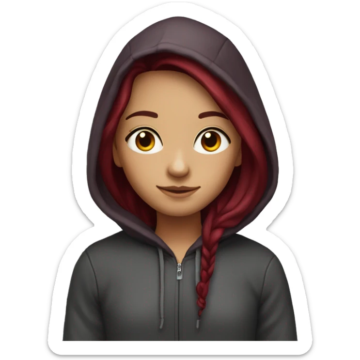 pretty girl with very long burgundy hair with a hoodie sticker