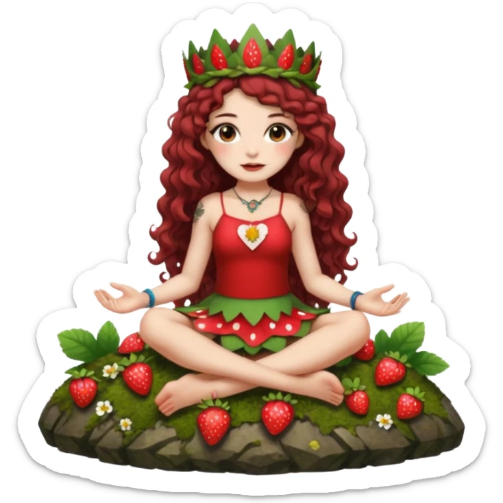 full body woman long curly brown hair brown eyes white skin tattoos sitting on moss rock wearing strawberry crown and short petal skirt sticker