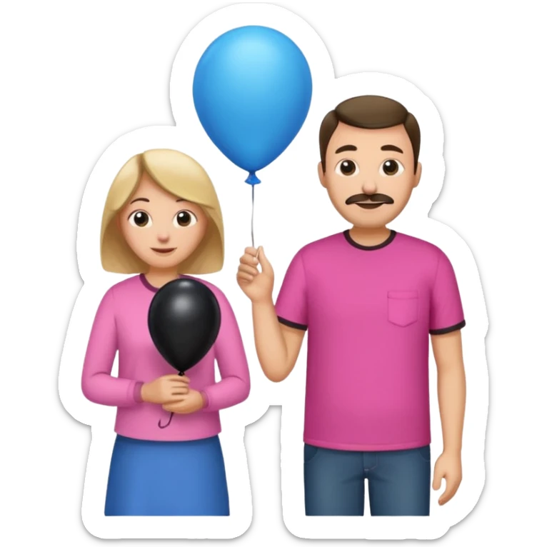 Mom in pink shirt dad in blue shirt holding black baloon happy 1 baloon sticker