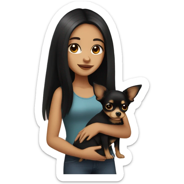 Pretty girl with long black hair, brown eyes, holding a black and tan chihuahua sticker
