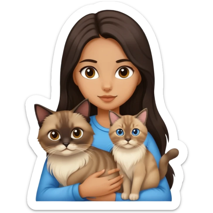 A girl with dark long hair holding a siamese cat and a siberian cat sticker
