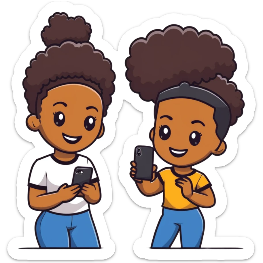 Afro-Caribbean woman smiling, holding iPhone, sending footage to a Black man with a skin fade, both smiling sticker