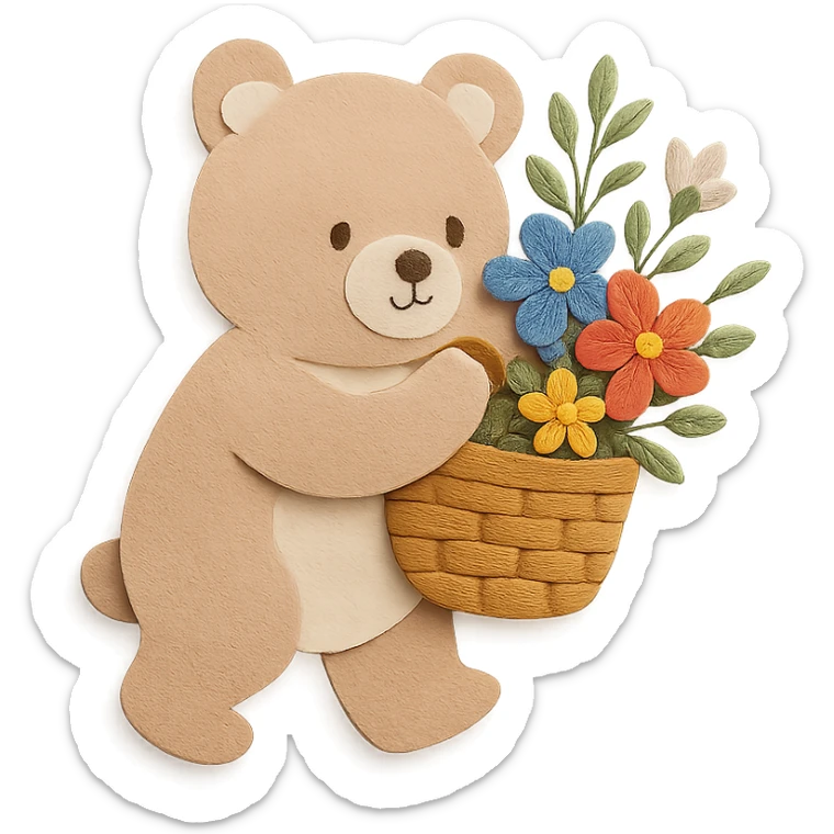 bear carrying a basket of wildflowers, soft pastel brown and cream, paper craft style sticker