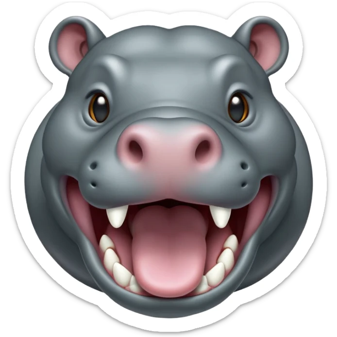cinematic-noble-yawning hippo-portrait-emoji,-poised-and-regal,-with-a-massive,-robust-build-and-a-smooth,-sleek-slate-gray-hide,-deep-set-soulful-eyes,-simplified-yet-sharp-and-sophisticated-features,-highly-detailed,-glowing-with-a-soft radiance, mouth open wide exposing teeth sticker