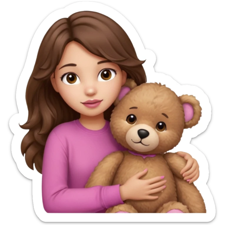 girl with long wavy brown hair, brown eyes, light to medium complexion, in a pink shirt, pink lips, long lashes, hugging a teddy bear sticker