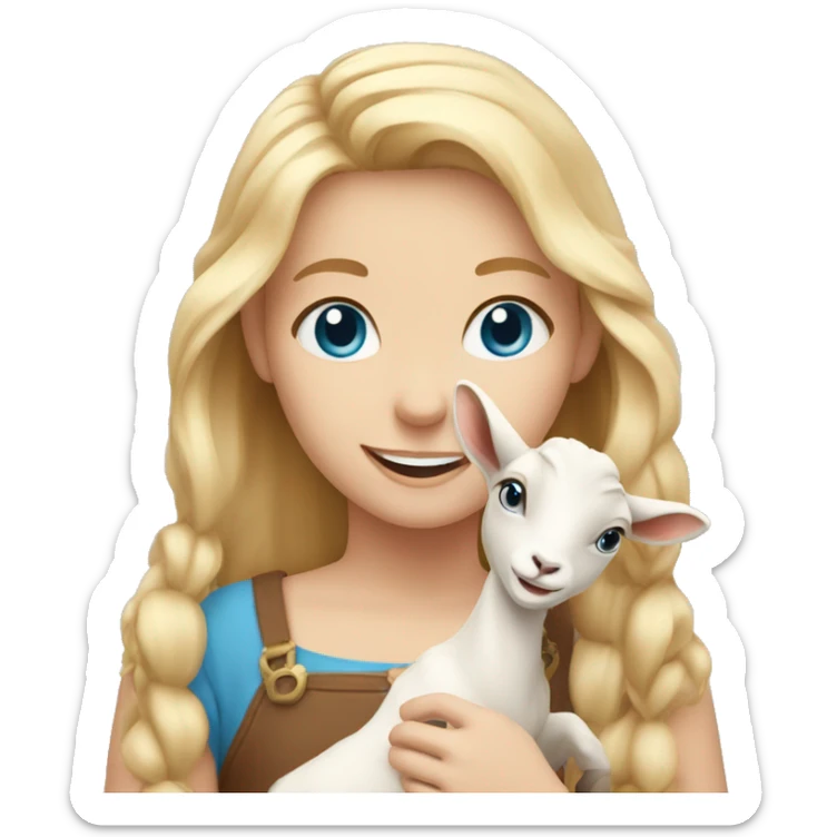 smiling girl with blonde hair blue eyes holding goat with horns sticker
