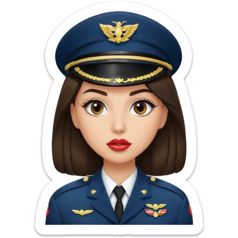 Emoji of a brunette girl in the military with big eyelashes, big lips with gloss, and a sassy face  sticker
