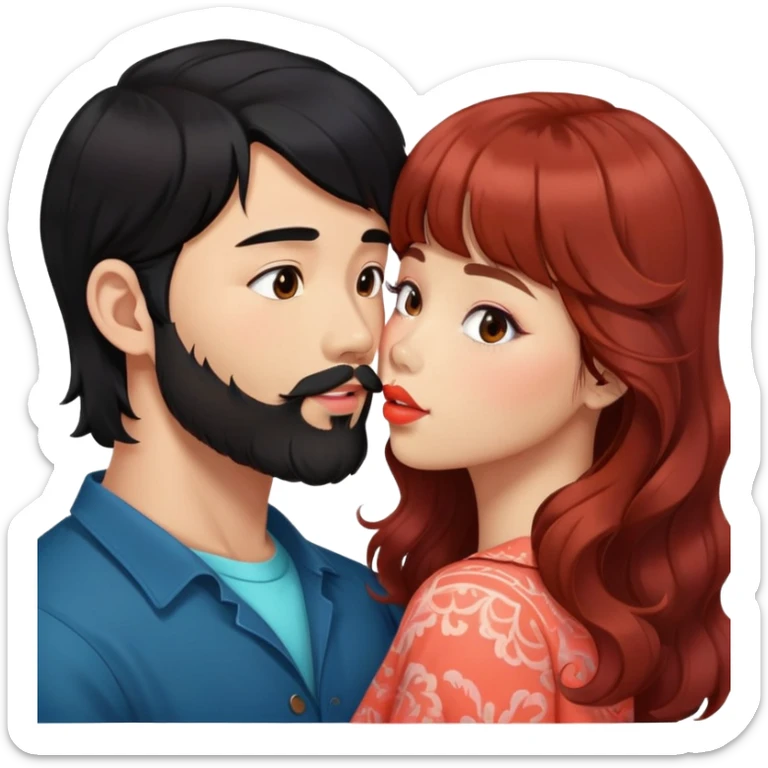 handsome asian man with black hair and beard, kissing cute tan skin woman with long wavy reddish brown hair with bangs and coral lipstick sticker