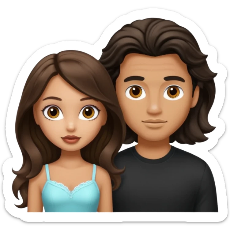 a pretty tan bratz girl with long brown hair and white bratz man with short wavy black hair sticker