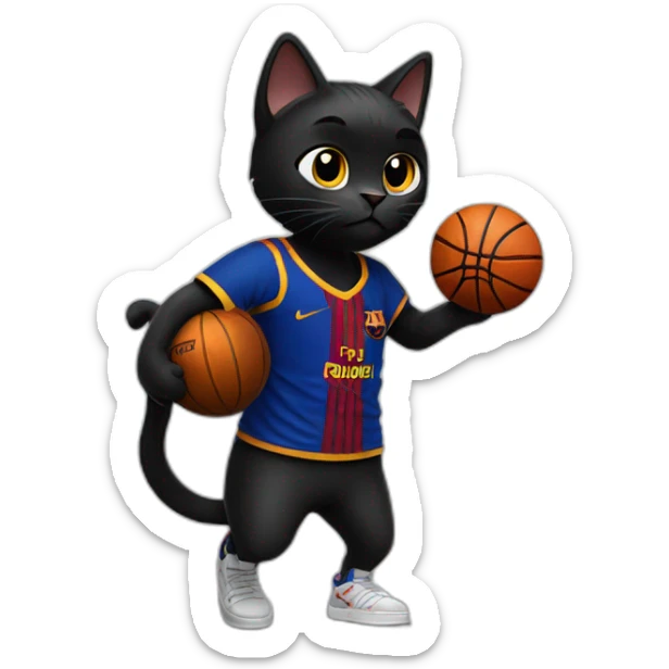Black cat with a FC Barcelona t-shirt playing basketball sticker