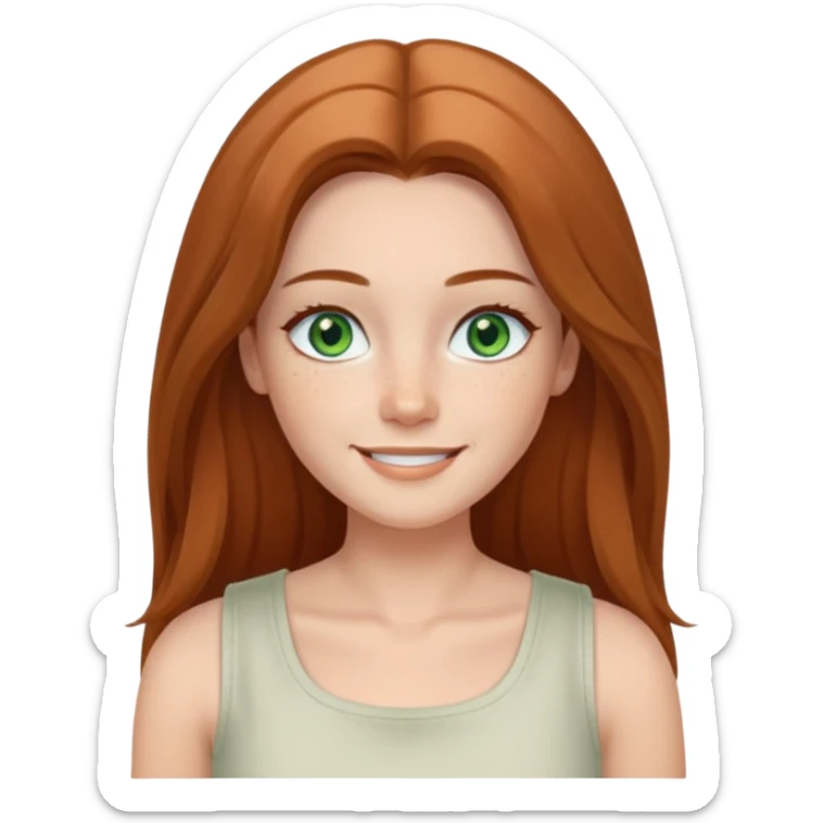 emoji of a confident woman named Freya McOmish, smiling, green eyes, long hair with a middle part, subtle freckles, modern casual style, broad shoulders, wearing a white sleeveless deep square neck top sticker