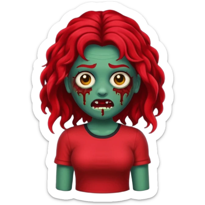 Faça me um emoji de um zumbi mulher de cabelos vermelho escuro longos ondulado usando uma blusa preta, faça no estilo iphone sticker