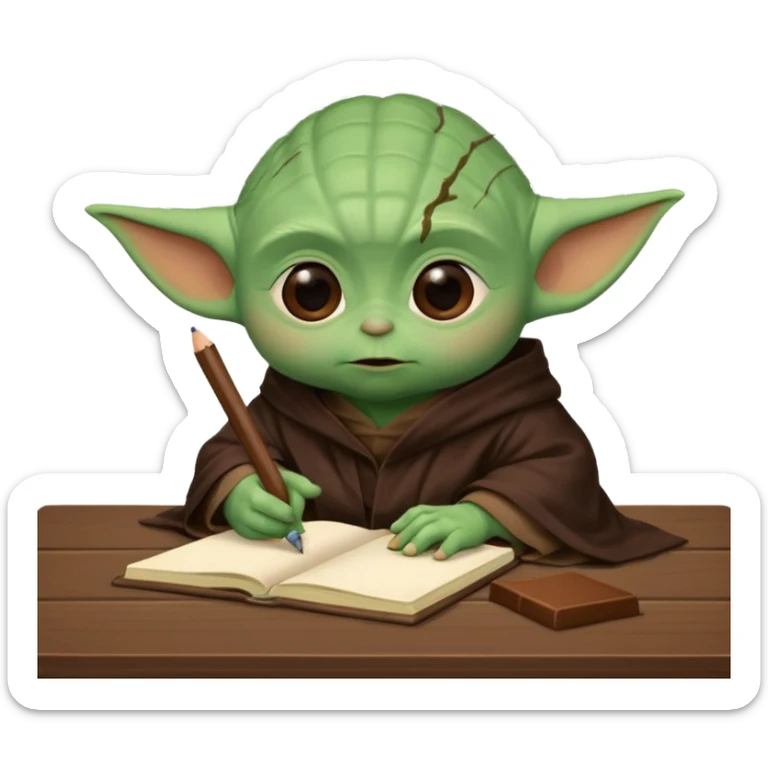 Baby Yoda con su tunica chocolate escribiendo en un cuaderno sobre un escritorio sticker