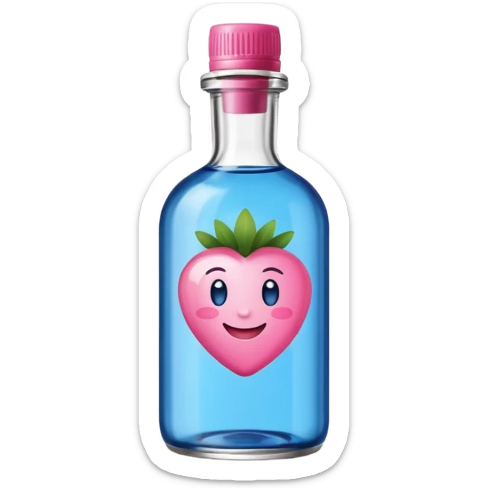 Smiling bottle of oil blue top pink outside with logo that says berry oil sticker