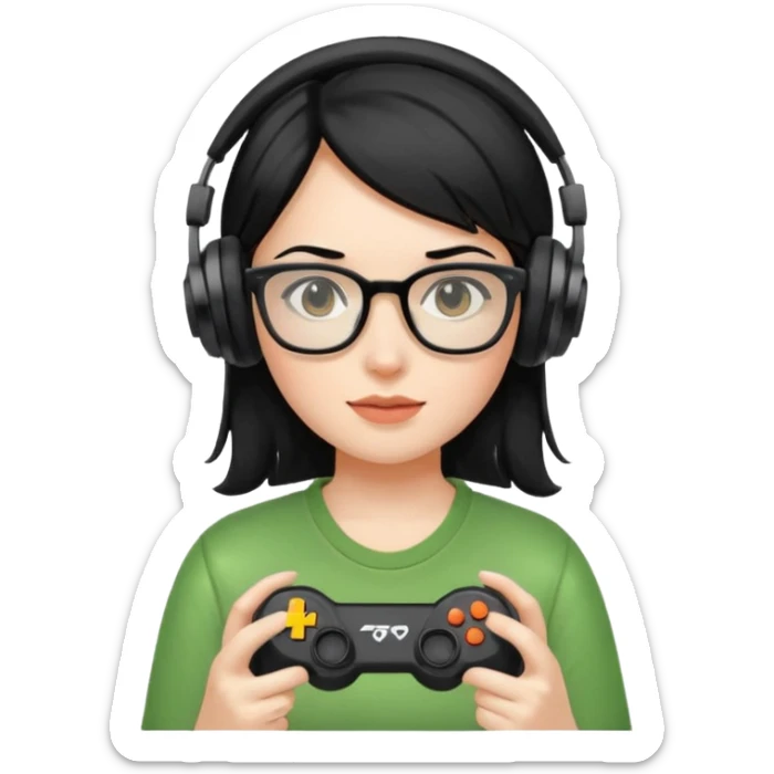 
gamer, woman shiny black hair no eyebrows with glasses, headphone, gamepad sticker