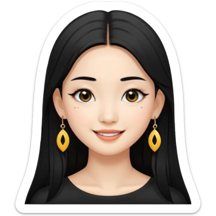 A Asian girl with fare skin and earrings, long straight black hair that is covering her checks with black eyes, smiling with a open wings eyeliner sticker
