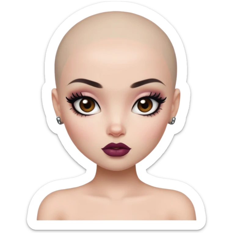 bald, pretty lips, pale tattoed skin,  dark brown eyes, pretty bratz baddie, black eyeliner sticker
