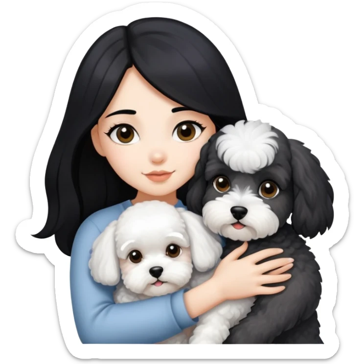 A beautiful girl with long black hair hugs a little schnauzer and a bichon frise sticker