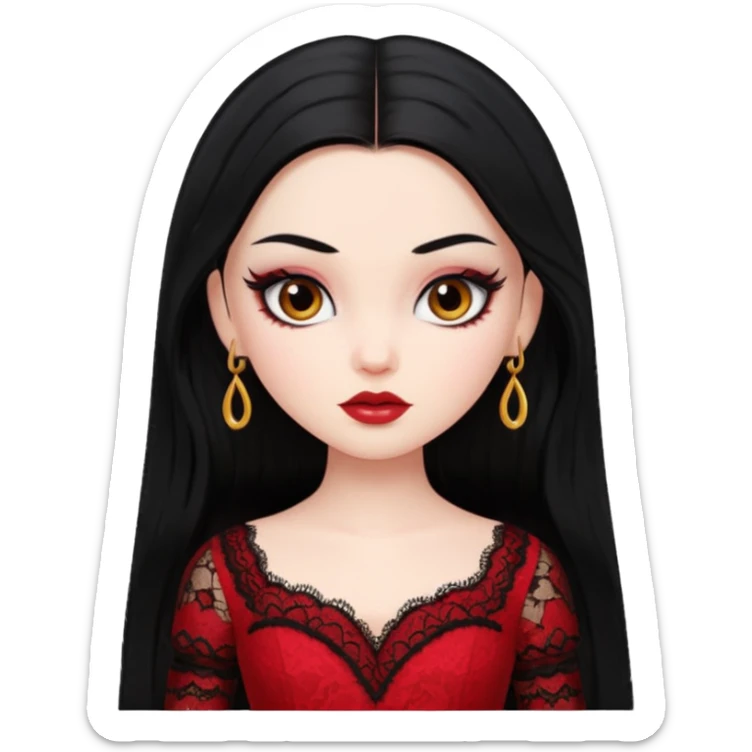 black hair, pretty, BLACK long black hair, pale skin, eyeliner, red lace clothes, brown eyes bratz baddie sticker