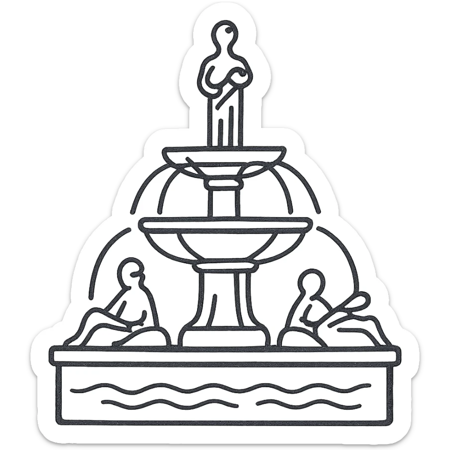 A hand-drawn illustration of a fountain with statues, outlined in black with no fill sticker