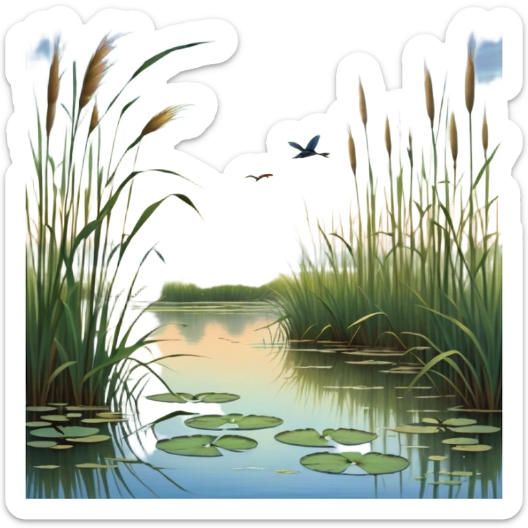 Cinematic Realistic Wetlands Emoji in a wooden frame, Peaceful and serene, with tall grasses swaying in the breeze and soft, muddy waters reflecting the sky above. Small birds and insects flit among the reeds while lily pads float lazily across the surface, punctuated by the occasional croak of a frog or splash of a fish. Soft glowing outline, capturing the essence of a calm, tranquil wetland brimming with life and natural beauty. sticker