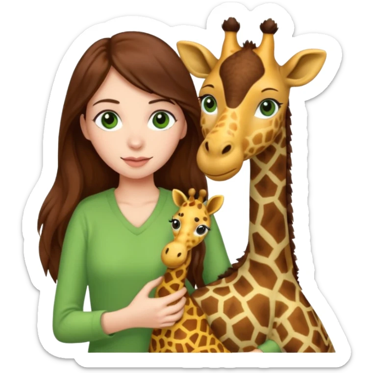 woman with long brown hair green eyes girl emoji pulling up a giraffe plushie sticker