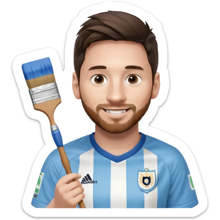 create an emoji of Lionel Messi smiling in an Argentina shirt holding a paintbrush sticker