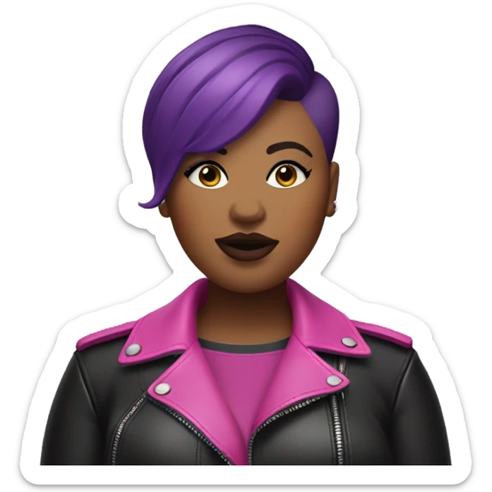 Plus size black woman with very short pink hair and a purple leather biker jacket with makeup on face. sticker