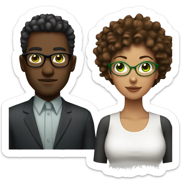 black male with spikey hair and glasses and white female with brown wavy hair , green eyes and glasses sticker