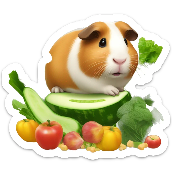 Guineapig playing on a pile of veggies and fruit with a piece of cucumber in his mouth sticker