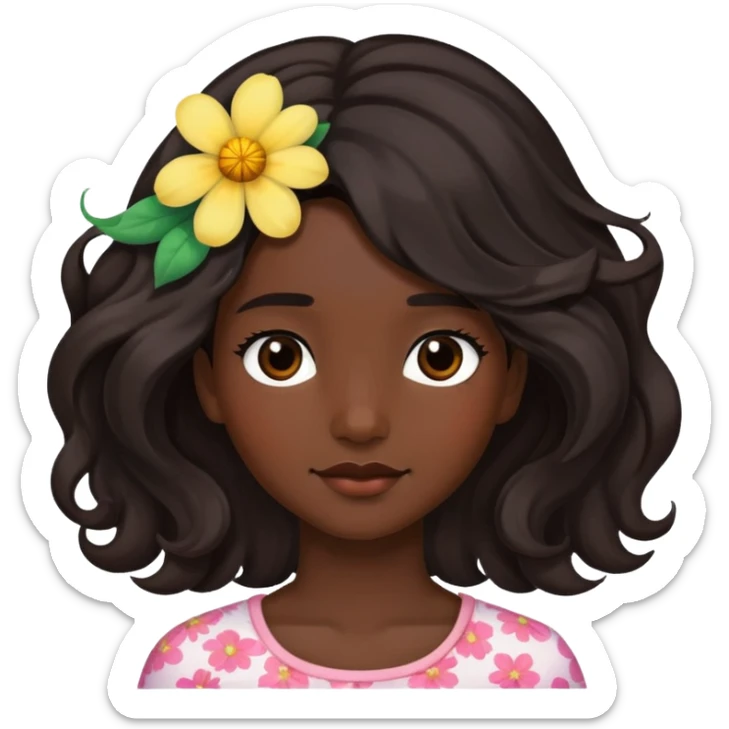 Dark wavy mis lenght hair girl dark skin and a flower on her hair  sticker