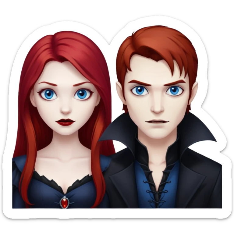 Red hair and blue eyes vampire female with makeup next to long dark haired and brown eyes male vampire sticker