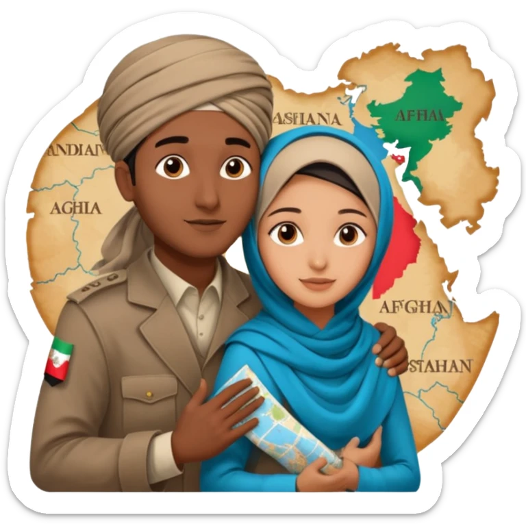 An emotional artistic illustration of an Indian man and an Afghan hijabi girl standing on the maps of India and Afghanistan, symbolically embracing despite the distance, showing love beyond borders. sticker
